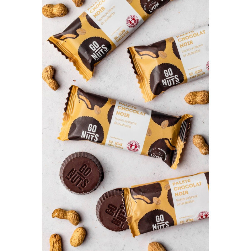 Palets Chocolat Noir Beurre de Cacahuètes bio 2x17g | Go Nuts Palets Chocolat Noir Beurre de Cacahuètes bio 2x17g | Go Nuts